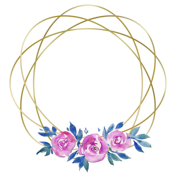 Золота Кругла Рамка Рожевими Трояндами Квітковий Дизайн Весільна Монограма Акварельні — стокове фото