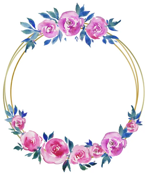 Золотая Круглая Рамка Розовыми Розами Цветочный Дизайн Свадебная Монограмма Акварельные — стоковое фото