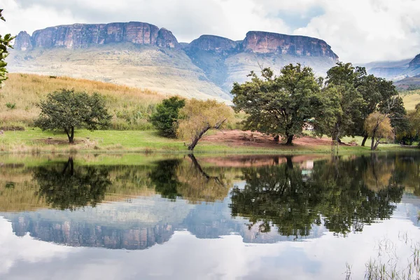 Northern Drakensberg Mountains Reflecting Water Trees Cloudy Skies Royal Natal — Stock Photo, Image