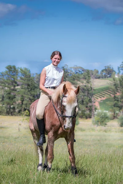 Retrato Uma Menina Sorrindo Sentada Seu Cavalo Pintura Sabino Campo — Fotografia de Stock
