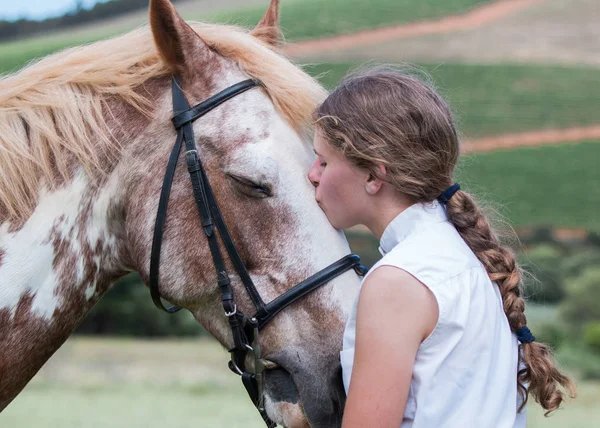 Menina Frente Seu Cavalo Pintura Sabino Frente Para Outro Perto — Fotografia de Stock