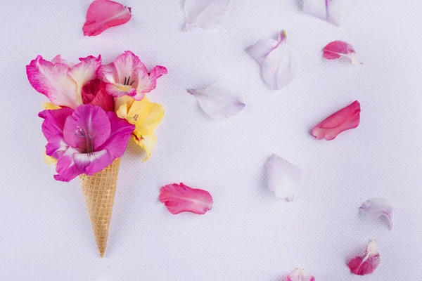 Waffle cone with composition of flowers. — Stock Photo, Image