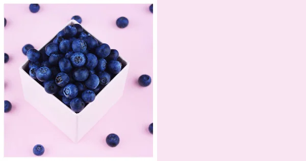 Frisch gepflückte Blaubeeren auf rosa trendigem Hintergrund. — Stockfoto