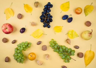 Sonbahar meyve ve fındık Sarı zemin üzerine. 