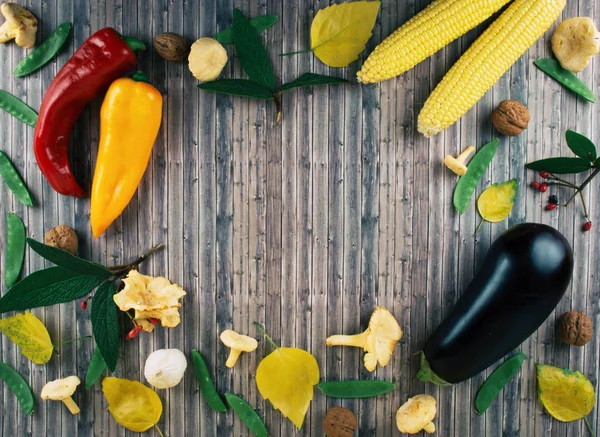 Ahşap arka plan üzerinde taze sonbahar mevsim sebzeleri.