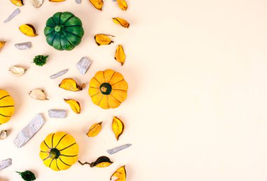 Bej renkli arka plan üzerinde dekoratif kabaklar.