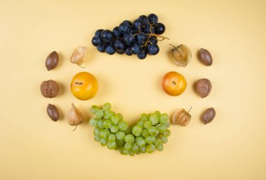 Sonbahar meyve ve fındık Sarı zemin üzerine. 