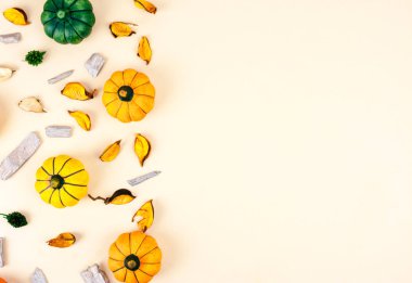 Bej renkli arka plan üzerinde dekoratif kabaklar.