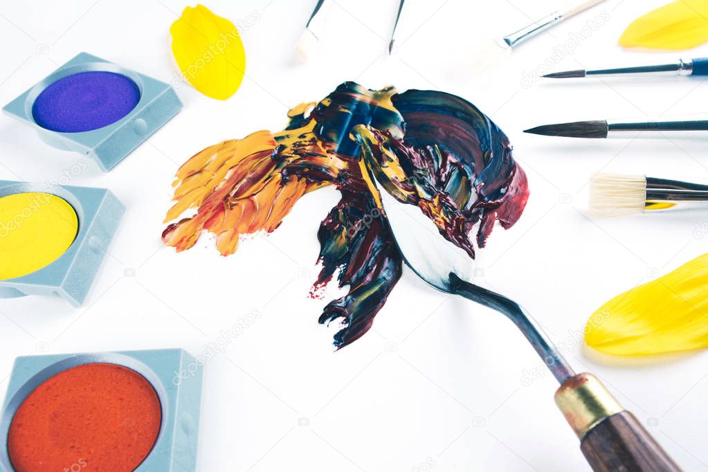 Multicolor oil paint brush strokes with knife.