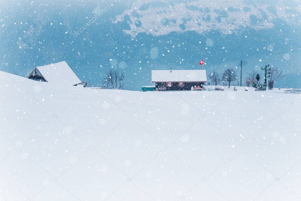 Snow on hills in Sattel Lucerne region Switzerland.