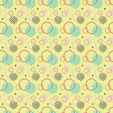 Desen sorunsuz memphis retro tarzı. Soyut vektör sorunsuz arka plan. Memphis geometrik desen vintage pop art şekiller. Modern en az renkli moda grafiği kumaş veya kapak için iyi yazdırmak sanat.