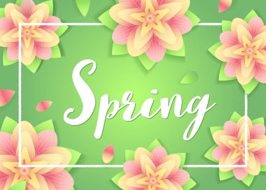 Bahar arka plan. Çiçek ve abstrack yeşil harflerle. Sezon tasarım el ilanları, davet, afiş, broşür, indirim kuponu, Satılık Poster veya başlık sayfası. Tipografi vektör çizim.