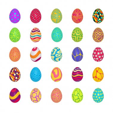 Paskalya yumurtaları ayarlayın. Renkli tatil desenleri. Gerçekçi Paskalya yumurtaları. 3D. vektör arka plan. Bahar tatil süsleme. Sanatsal arka plan üzerinde dekoratif koleksiyon. Vintage vektör tasarlamak.