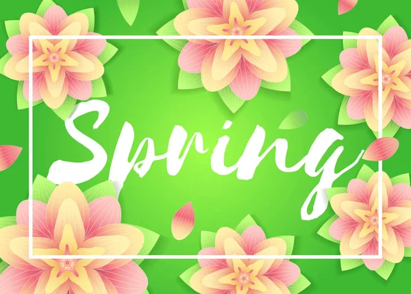 봄 배경입니다. 꽃과 녹색 abstrack에 글자입니다. 전단지, 초대장, 포스터, 소책자, 할인권, 판매 포스터 또는 배너에 대 한 신선한 시즌 디자인. 벡터 인쇄 그림. — 스톡 벡터