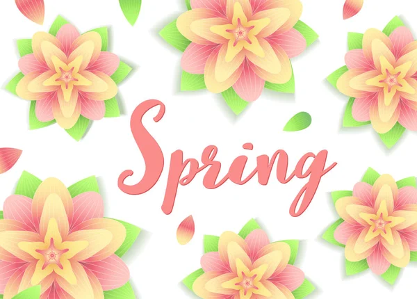 春の背景。花と緑の abstrack のレタリング。チラシ、招待状、ポスター、パンフレット、割引券、販売ポスターまたはバナーのデザインで新鮮なシーズン。ベクトル表記の図. — ストックベクタ