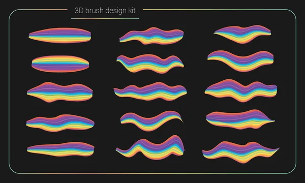 3d smear brush paint set. Liquid colors paint strokes. Artistic stripe paintbrush isolated. Vector brush smear design elements. Hand drawn creative colorful brushes. Modern vector creative kit. — Stock Vector
