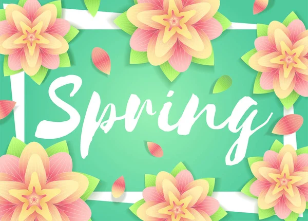 Tavaszi háttér. Virágok, a zöld hátteret. Vektor sablon-anyák napi szórólapok, meghívás, eladó poszter vagy banner. — Stock Vector