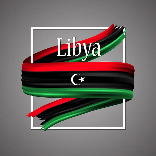 Bandiera Libia. Colori ufficiali nazionali. Nastro realistico libico 3d. Sventolando vettore bandiera bandiera bandiera bandiera patriottica segno. Sfondo illustrazione vettoriale. Icona design frame per banner, poster o stampa . — Vettoriale Stock