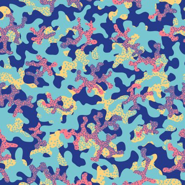 Moda model sorunsuz arka plan kamuflaj. Soyut serin askeri eğilim şekiller kamuflaj doku. Çocuk moda kumaş Tekstil için seamless modeli. Renkli modern tarzı. Paintball için kumaş