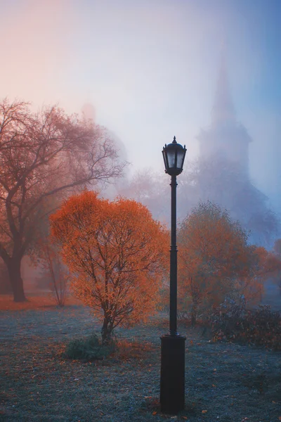 Lamp in fog. Church, fall