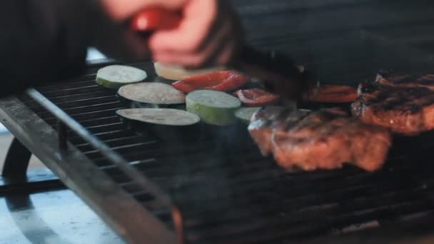 Sortido deliciosa carne grelhada com vegetais sobre as brasas em um churrasco — Vídeo de Stock