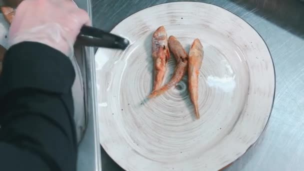 Kocken kockar fisken på en tallrik — Stockvideo