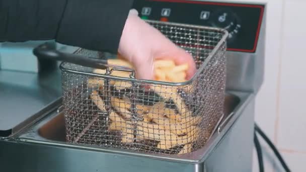 Batatas fritas são fritas no restaurante — Vídeo de Stock