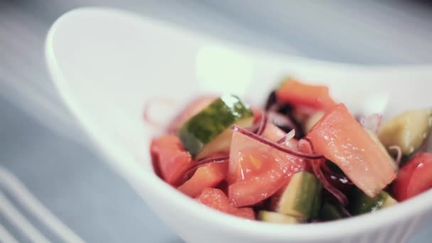 Clouse up food. Twisting fork with vegetable salad and taking the fork away — Stock Video