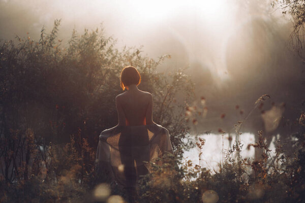 Young beautiful half-naked woman in blanket standing in tall grass in sunbeam with blurred frames