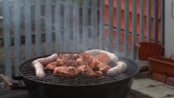 De la nourriture grillée. Steak de viande. Grands steaks de viande crus et rôtis de saucisses sur les charbons sur le barbecue, sur un petit gril extérieur sur une grille métallique. — Video