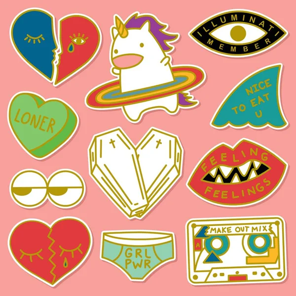 Set of Decorative Fashion Patches, Badges, or Pins — Stock Vector