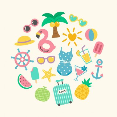Şirin renkli yaz eğlenceli tatil Doodle kümesi