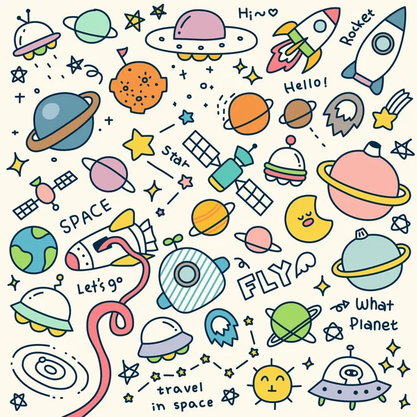 Conjunto de lindos viajes en el espacio Doodle — Vector de stock