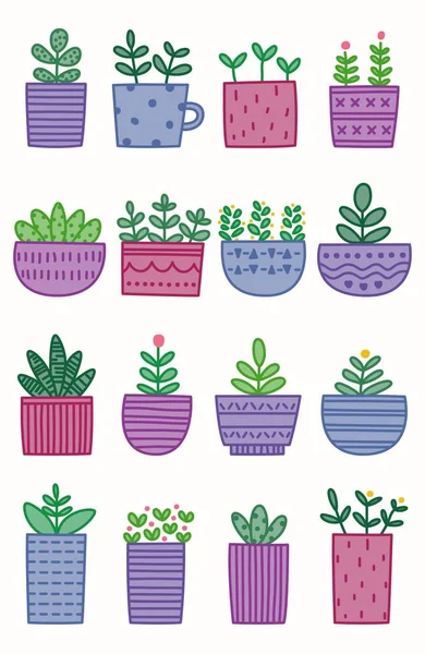 Set of Cute Plant Doodle with Retro Color — Stock Vector