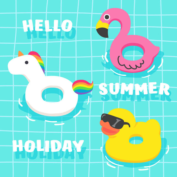 Set of Cute Summer Fancy Floats in the Pool. Flamingo, Unicorn, Duck.