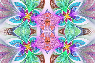 Çok renkli simetrik çiçek deseni vitray pencere içinde 