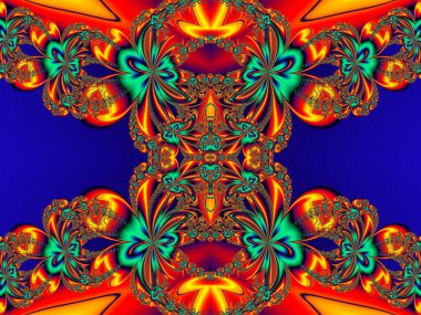 Fraktal tasarım çiçek deseni. Turuncu ve mavi palet. Artwo