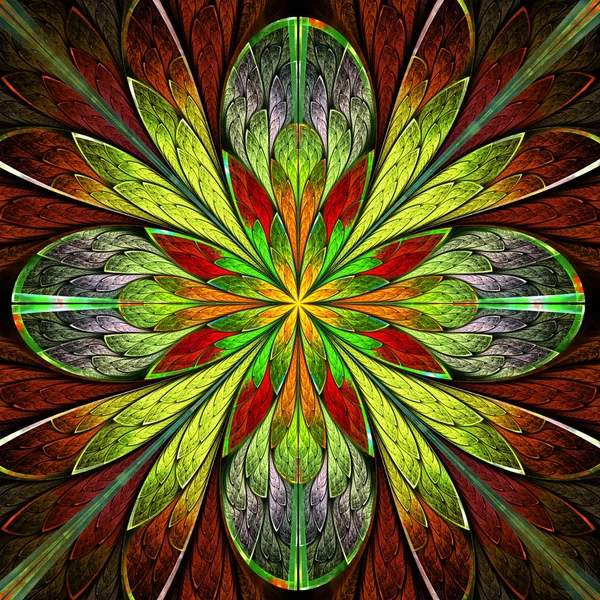 Veelkleurige symmetrische fractal bloem in glas-in-venster — Stockfoto