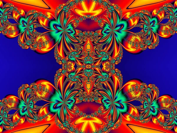 Bloemenpatroon in fractal ontwerp. Oranje en blauw palet. Artwo — Stockfoto