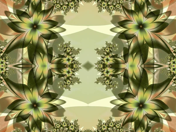 Patrón de flores en diseño fractal. Paleta verde y beige. Compu —  Fotos de Stock