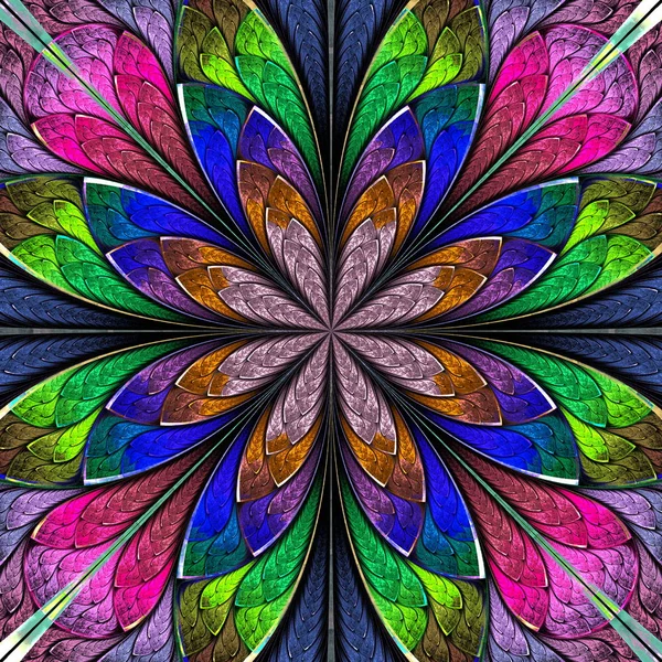 Разноцветный симметричный фрактальный цветок в витраже — стоковое фото