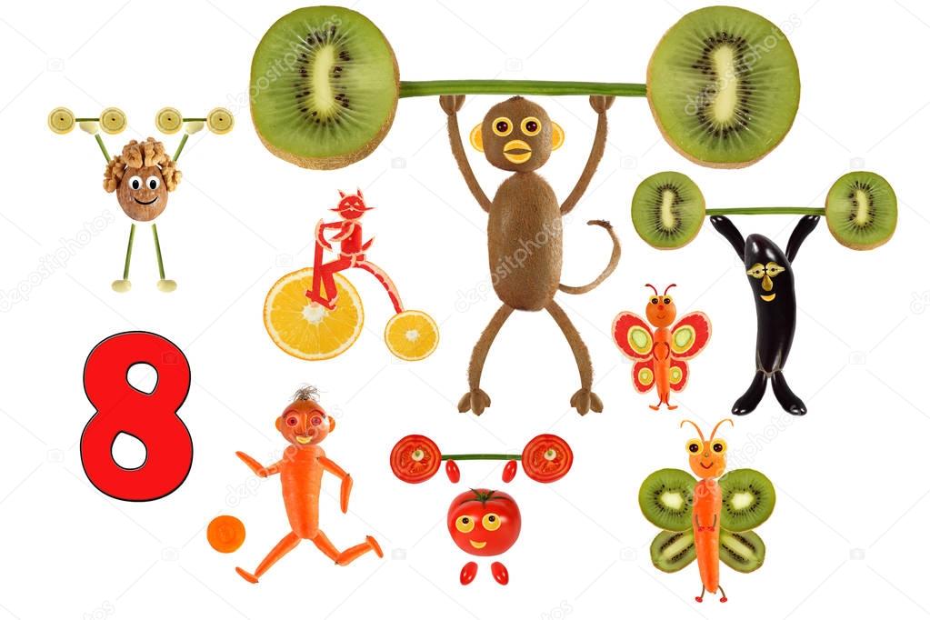 Learning to count. Cartoon figures of vegetables and fruits, as 