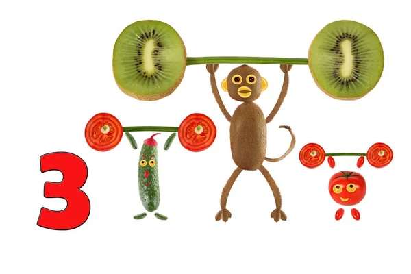 Aprender a contar. Figuras de dibujos animados de verduras y frutas, como —  Fotos de Stock