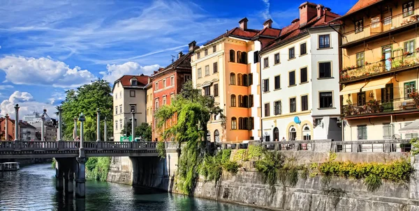 Ljubljana, Slovinsko - 28. července 2017: Staré město nábřeží v Lju — Stock fotografie
