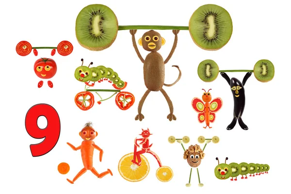 Learning to count. Cartoon figures of vegetables and fruits, as — Stock Photo, Image