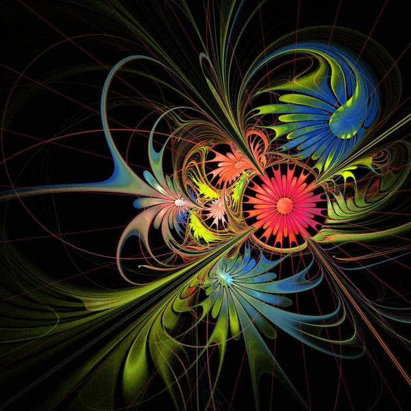 Kwiat tło w fractal design. Palety zielony i czerwony. Na b — Zdjęcie stockowe