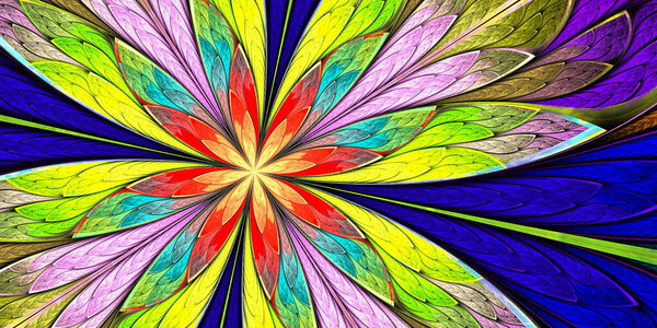 Разноцветный Красивый фрактальный цветок в витражном стиле. Вы можете использовать его для приглашений, чехлы для ноутбуков, чехол для телефона, открытки, открытки, обои. Художественное оформление и искусство.