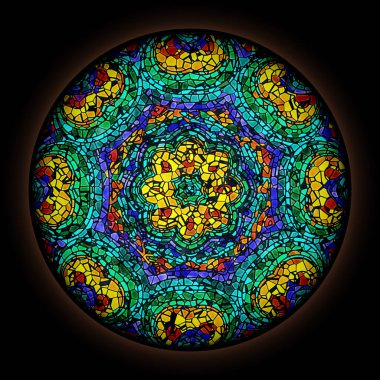 Yuvarlak çerçeveile Gotik vitray pencere tarzında renkli desen. Çok renkli çiçek süsü.