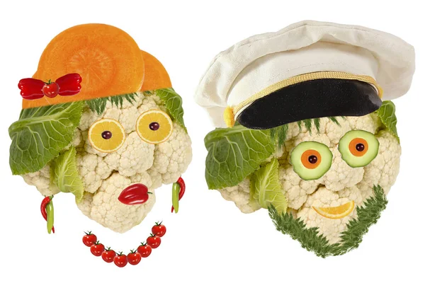Kreativ Uppsättning Mat Koncept Två Roliga Porträtt Grönsaker Och Frukter — Stockfoto