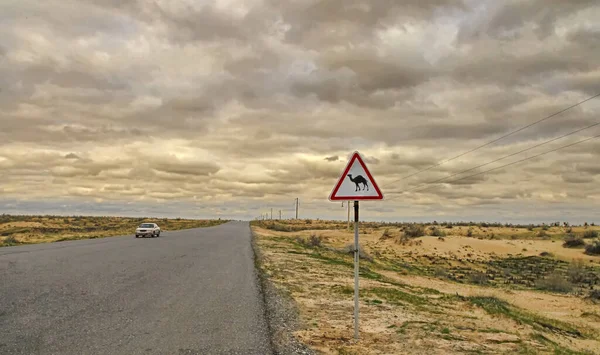骆驼的标志 在穿越土库曼斯坦卡拉库姆沙漠的公路边缘 — 图库照片